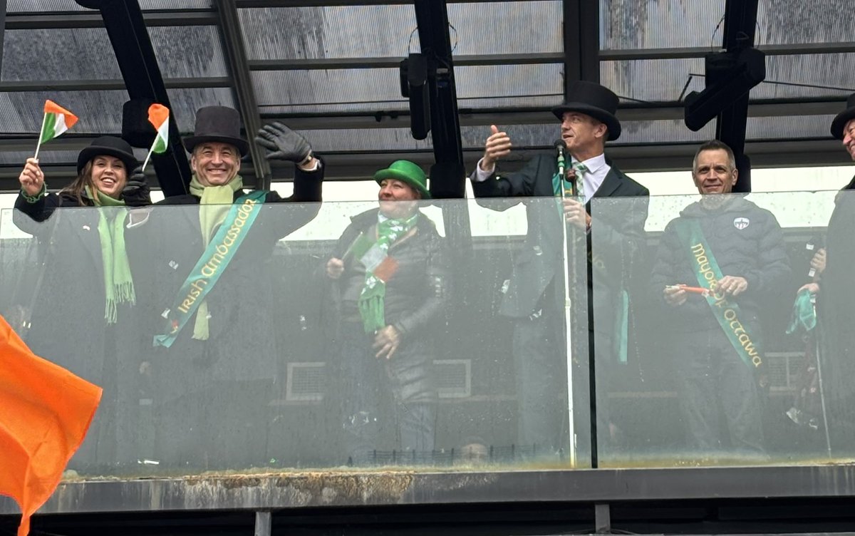 IrlEmbCanada's tweet photo. The Ambassador + Embassy team were delighted to take part in Ottawa’s St. Patrick’s Day parade along with Mayor @_MarkSutcliffe, Grand Marshall @TimTierney 
 and President of the Irish Society of the National Capital Region, Tom O’Neill. Big thank you to Ottawa’s Irish community! https://t.co/uVstiNeEX7
