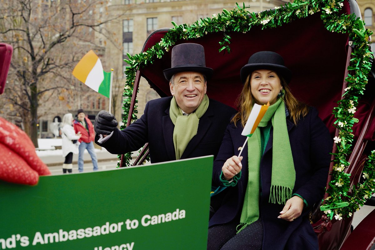 IrlEmbCanada's tweet photo. The Ambassador + Embassy team were delighted to take part in Ottawa’s St. Patrick’s Day parade along with Mayor @_MarkSutcliffe, Grand Marshall @TimTierney 
 and President of the Irish Society of the National Capital Region, Tom O’Neill. Big thank you to Ottawa’s Irish community! https://t.co/uVstiNeEX7