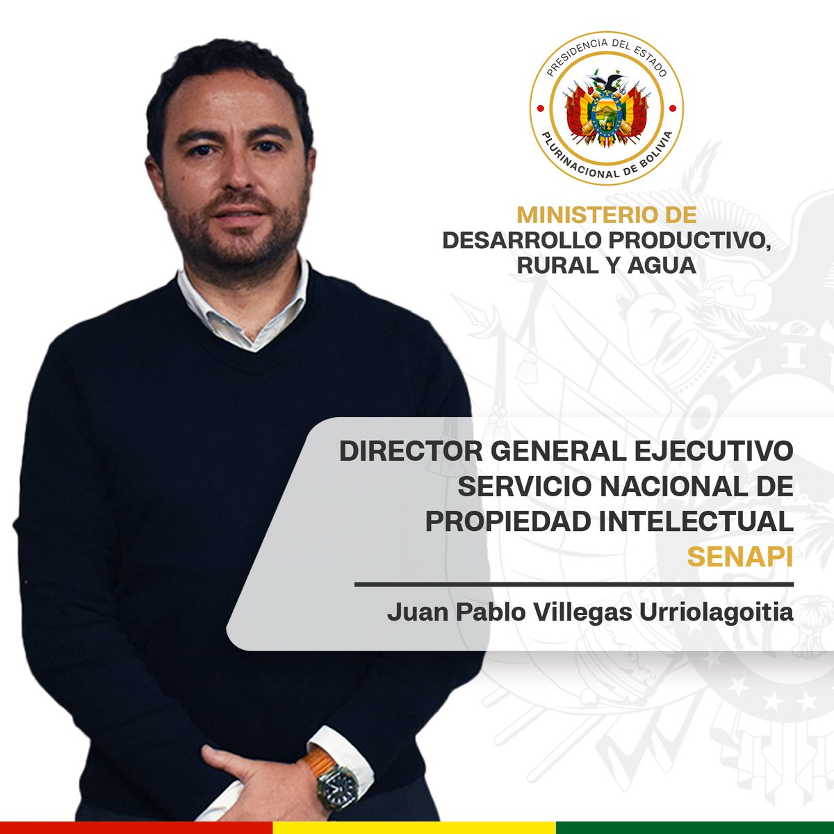 🏛️ 𝐒𝐄𝐍𝐀𝐏𝐈 𝐭𝐢𝐞𝐧𝐞 𝐧𝐮𝐞𝐯𝐨 𝐃𝐢𝐫𝐞𝐜𝐭𝐨𝐫 𝐆𝐞𝐧𝐞𝐫𝐚𝐥 𝐄𝐣𝐞𝐜𝐮𝐭𝐢𝐯𝐨 🇧🇴

El Servicio Nacional de Propiedad Intelectual (SENAPI) inicia una nueva etapa institucional con la designación de Juan Pablo Villegas Urriolagoitia como Director General Ejecutivo 📚⚖️