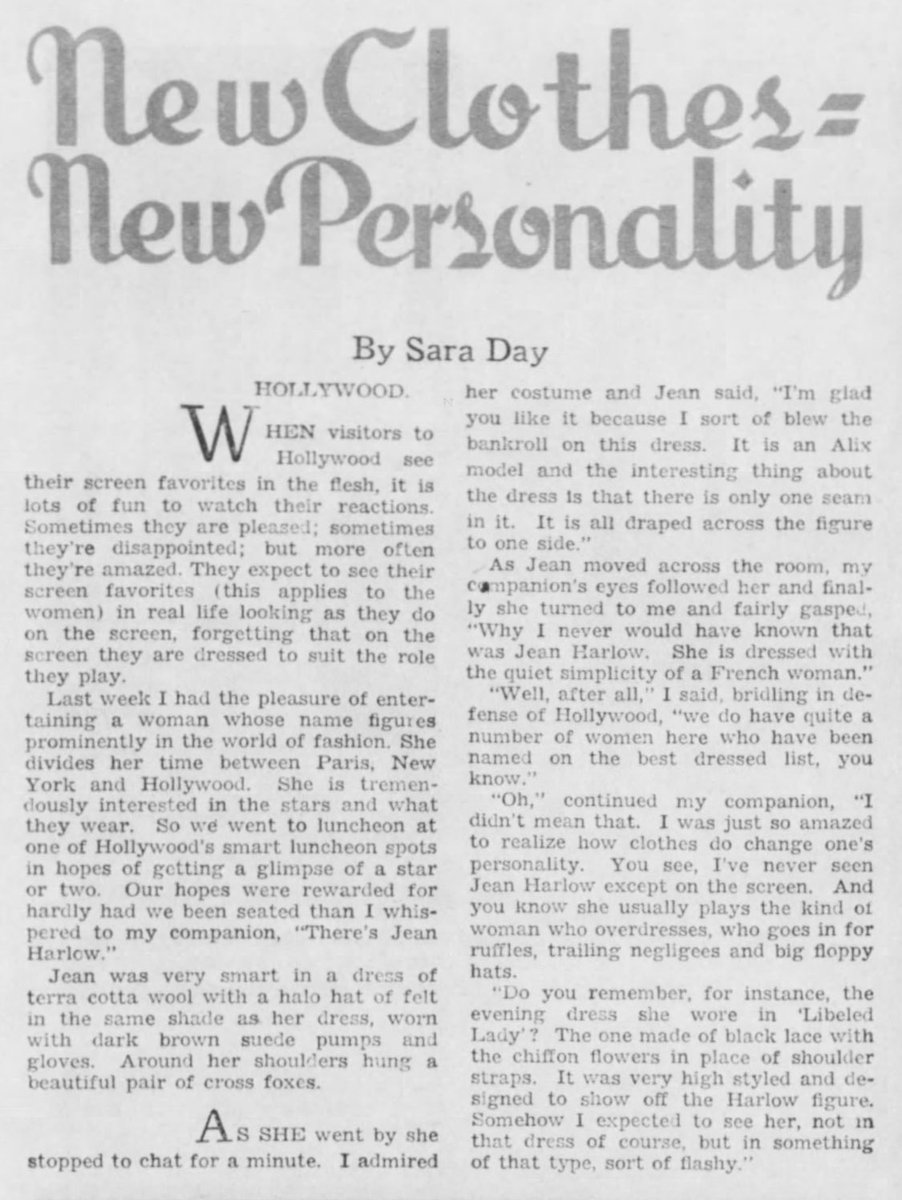 From a newspaper article called ‘New Clothes = New Personality’ that was just one of the usual publicity missives meant to help sell Harlow’s new hair. It used this dress as an example of her fussy onscreen wardrobe: