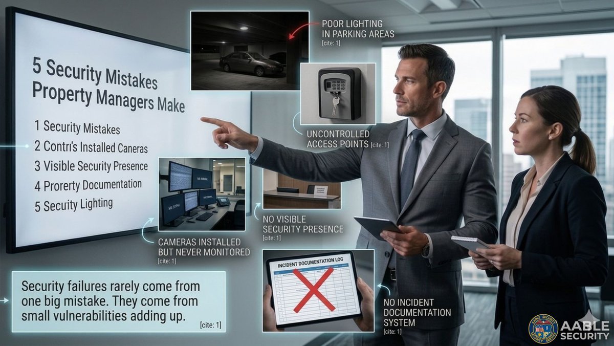 aable_security's tweet photo. Common security gaps we see at LA properties:

Poor lighting
Uncontrolled access points
Cameras but no monitoring
No visible security presence
No incident reporting system

Security failures usually come from small vulnerabilities adding up.

#PropertyManagement #AableSecurity https://t.co/YeIRgI88Xw