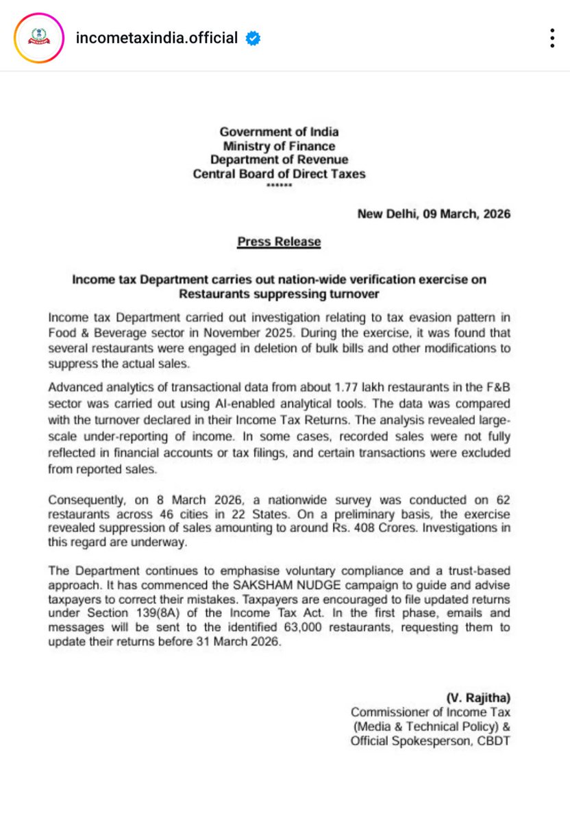 Income Tax Dept uses AI analytics on 1.77 lakh restaurants and finds major turnover suppression.
Surveys in 46 cities already detected ₹408 Cr of hidden sales.
Identified taxpayers asked to file updated returns before 31 March 2026.
Message -Fix errors before proceedings begin.