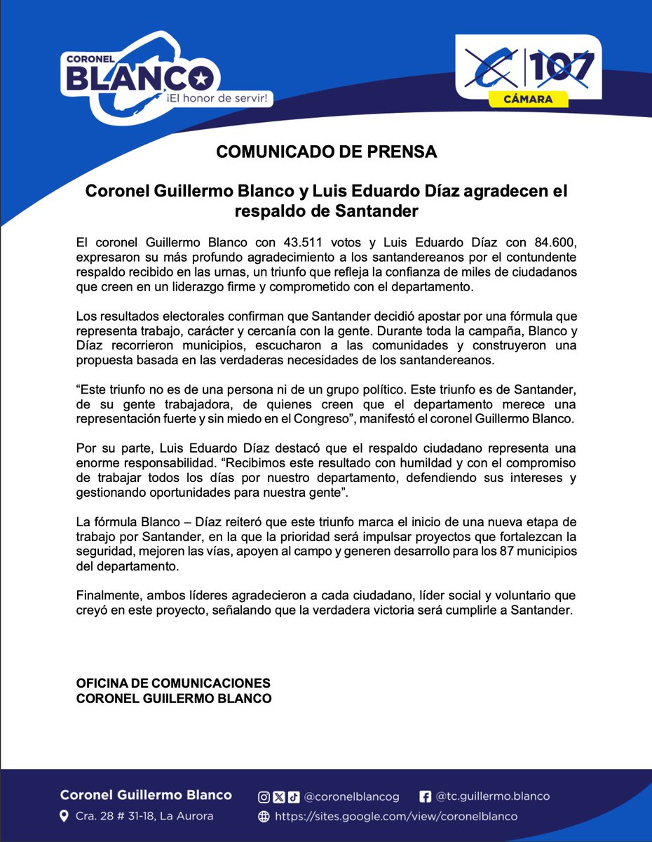 📢COMUNICADO DE PRENSA

#CoronelBlanco #elecciones2026 #partidoConservadorColombiano