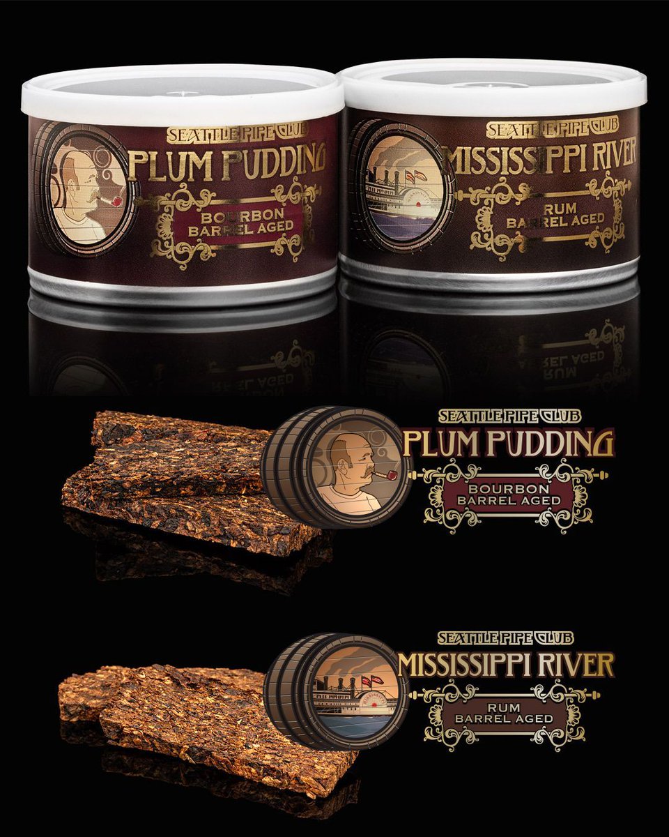 Smoking_Pipes's tweet photo. Seattle Pipe Club’s Plum Pudding Bourbon Barrel Aged and Mississippi River Rum Barrel Aged blends are now available on-site, both aged for 30 days in ex-spirit barrels and pressed into old-fashioned crumble cakes.
Shop Now: https://t.co/J6KBdDPS92

#seattlepipeclub #pipetobacco https://t.co/n1NutpdneU