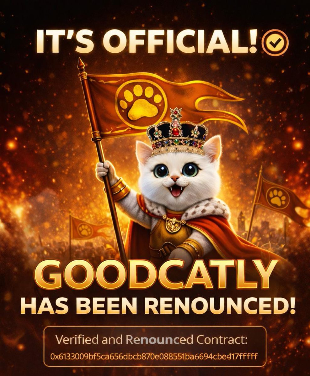 🚨 IT’S OFFICIAL 🚨

GoodCatly’s smart contract has been RENOUNCED. The project is now fully decentralized, giving every holder complete security and transparency.

Contract Address: 0x613309bf5ca656dbcb870e8551ba694cbe17ffff

This milestone ensures that no one can interfere with