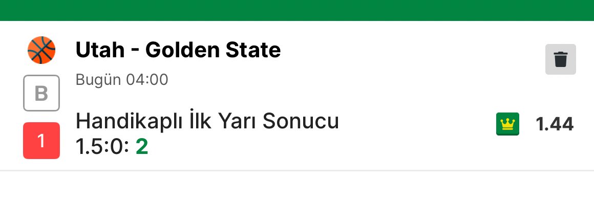 EskiUsulTahmin's tweet photo. 🍀🏀 Utah – Golden State
Tercih: Warriors İlk Yarı -1.5 Hnd
Oran: 1.44
Golden State ritmi ile fark yaratabilir 👀
İlk yarıda handikaplı deplasman üstünlüğü. 🟢👀
#NBA #GoldenStateWarriors #UtahJazz #Basketbol #Bahis #İddaa #Handikap #MaçAnalizi #Tahmin #Spor #Kupon #NBATahmin https://t.co/inll7TATNN