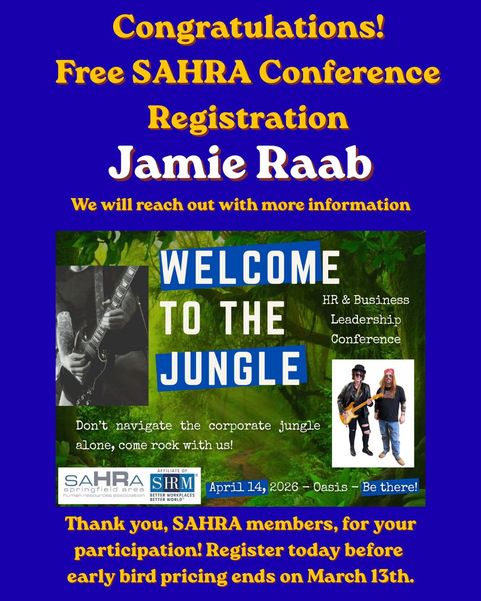 Congratulations to Jamie Raab – our winner of a FREE SAHRA Conference Registration! 
We are so excited to have you join us for Welcome to the Jungle on April 14! We’ll be reaching out soon with more details.
Don’t forget to register ASAP before early bird pricing ends March 13th!