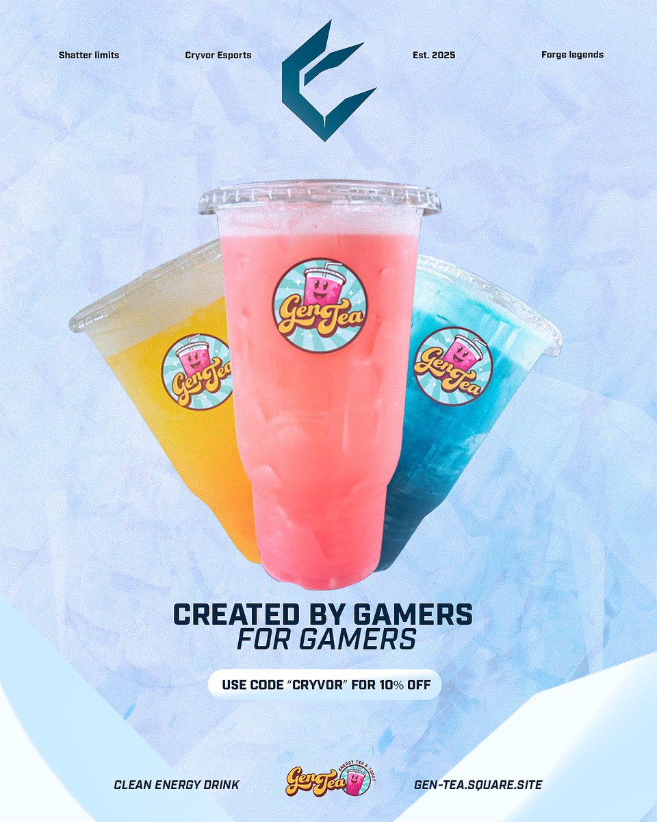 CryvorEsports's tweet photo. Cryvor plays with a cold instinct 🧊
So we needed a drink to match 🧊
@GenTeaEnergy x Cryvor 🧊
Use code CRYVOR for 10% off 🧊
#StayFrozen #Cryvor #GenTea #Esports https://t.co/RCrB6mcTYi