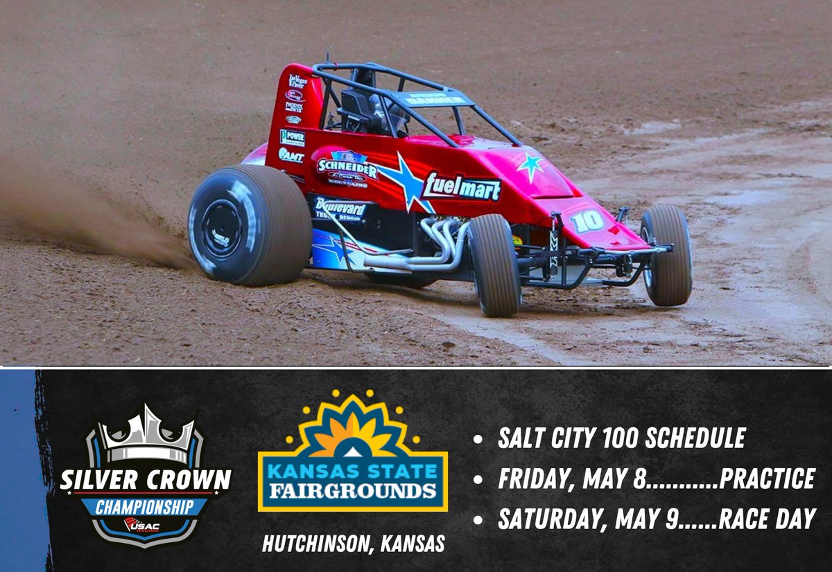 USACNation's tweet photo. Countdown to the Crown! 👑

The 2026 USAC Silver Crown National Championship season begins at Hutch! 👊

The Kansas State Fairgrounds presents the 3rd annual Salt City 💯 on the second weekend of May.

✔️ Silver Crown Practice on Friday 5/8.

✔️ Full race program on Saturday 5/9. https://t.co/GzUxhEl3f1