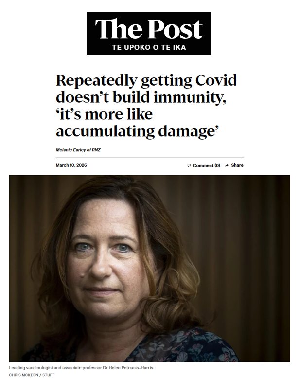 "Leading vaccinologist Helen Petousis-Harris says there's not enough awareness of the impact of COVID-19 on overall health."

"What many people don't realise is that getting COVID repeatedly is not like building immunity, it's more like accumulating damage," she says.