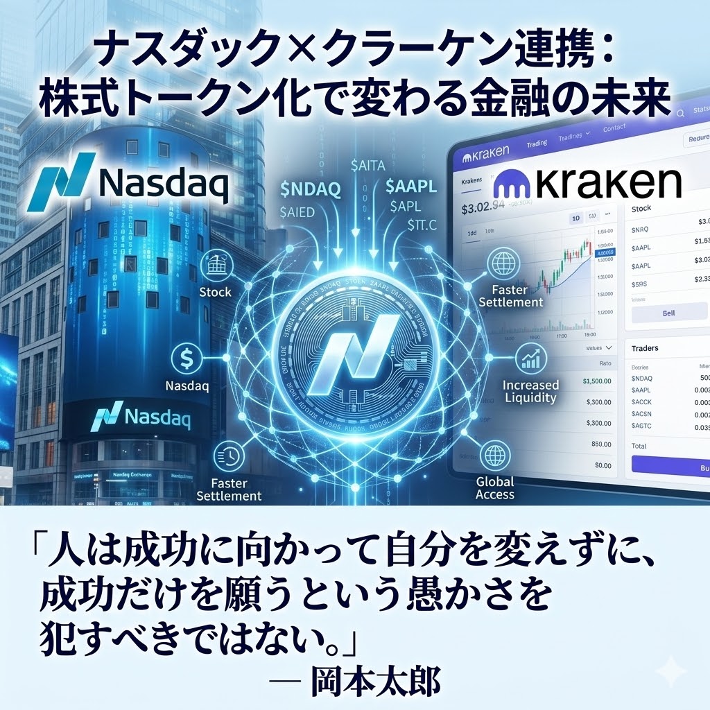 m_3721_mori's tweet photo. 【ナスダック×クラーケン連携：株式トークン化で変わる金融の未来】
　
#仮想通貨 #株式トークン化 #ナスダック #クラーケン #Cryptocurrency #ブロックチェーン #DeFi #今日は何の日 #今日の積み上げ #おは戦 #共創応援
　
おはようございます😃  
　                                                                                                                                                      
今朝は冷え込みが厳しいですね🥶 千葉県は朝から小雨がぱらつき、気温は7度前後と肌寒いです。  
　
全国的には本州の南岸を通過する低気圧の影響で天気が崩れており、太平洋沿岸部を中心に局地的に強雨の可能性があります。
　
山沿いや東北地域は雪で積雪に注意が必要です。どうぞ傘と防寒対策をお忘れなく。

🔹【3月10日】🔹  
今日は「砂糖の日」として知られています。
　
江戸時代に砂糖の安定供給が始まったことを記念し、甘いものが皆の元気の源であるという意味も込められています。
　
砂糖に限らず、毎日の積み上げで成長する私たちも甘く見てはいけませんね。

🔸 本日の気になる仮想通貨ニュース 🔸  
　
【ナスダックとクラーケンが提携、株式トークン化基盤を共同開発】  
https://t.co/mtGPCBF4Ob  
　
＜重要ポイント＞  
・世界最大級の株式取引所ナスダックが、米大手仮想通貨取引所クラーケンと提携。
　  
・株式のトークン化に特化したブロックチェーン基盤を共同開発する。  
　
・これにより、株式のデジタル化が進み、取引のスピードや効率性が飛躍的に向上する可能性。  
　
・規制遵守やセキュリティ面の強化も視野に入れて設計中。  

＜なぜ重要なのか？＞  
株式のトークン化は「証券のデジタル資産化」とも言え、伝統的な金融市場とブロックチェーン技術の接点を示す大きな一歩です。
　
これまでの株式取引は営業日・時間に制限され、決済も時間を要してきました。一方、トークン化された株式は24時間365日、国境を越えたスムーズな取引が可能になることが期待されます。  

ナスダックは伝統市場の代表格として、こうした新技術に慎重ながらも積極的に取り組む姿勢を示しています。
　
一方、クラーケンは法規制対応力と仮想通貨の実運用経験が豊富な取引所。両者の協働は単なる技術開発にとどまらず、規制準拠をクリアしつつ市場に信頼されるプロダクトを生み出す点で画期的です。

＜業界・ユーザーへの影響＞  
この技術の普及は、個人投資家の参入障壁を下げ、より多くの人が株式市場にアクセスしやすくなることにつながります。また、投資商品の多様化や流動性の向上、スマートコントラクトによる自動配当支払いなど、従来の金融取引の枠組みを大きく変革する可能性があります。

一方で、新たな技術ゆえに規制当局の承認、投資家保護策の整備が不可欠です。事業者は透明性と安全性の確保に全力を挙げる必要があり、技術的な課題も残っています。

【共創応援者からの問いかけ】  
皆さんは株式トークン化が進む未来をどう捉えますか？  
伝統的な証券市場の慣習は変わるべきでしょうか、それとも守るべきでしょうか？  
　　
また、ブロックチェーン技術がもたらす金融の民主化に期待すること、懸念していることはありますか？  
　
よろしければ意見をお聞かせください。共により良い未来を描きましょう！

◆ 最近良いと思った言葉 ◆  
「人は成功に向かって自分を変えずに、成功だけを願うという愚かさを犯すべきではない。」  
— 岡本太郎（日本の芸術家）
　
これは、私たちが何か新しいことを実現したいなら、自分自身を変えていく勇気が必要だというメッセージです。
　
仮想通貨やブロックチェーンの世界も変化が激しく、ただ結果を願うだけではなく、自分の知識や考え方、価値観を柔軟に進化させていくことが求められますね。

それでは今日も一日、元気に明るく笑顔で過ごして行きましょう♪
　
You and I will suretv be happy.