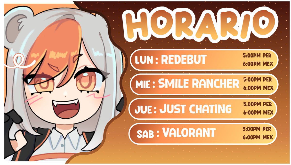 Hola cuyeyos, les dejo el horario de esta semana!! 🧡

Twich: twitch.tv/sora_zuh