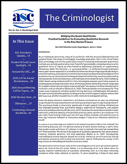 ASCRM41's tweet photo. The current issue of The Criminologist has been published and is available for you to view online.
Please use this link to access issues of The Criminologist -  https://t.co/iDSkaiO9Xy https://t.co/831T50TaDb