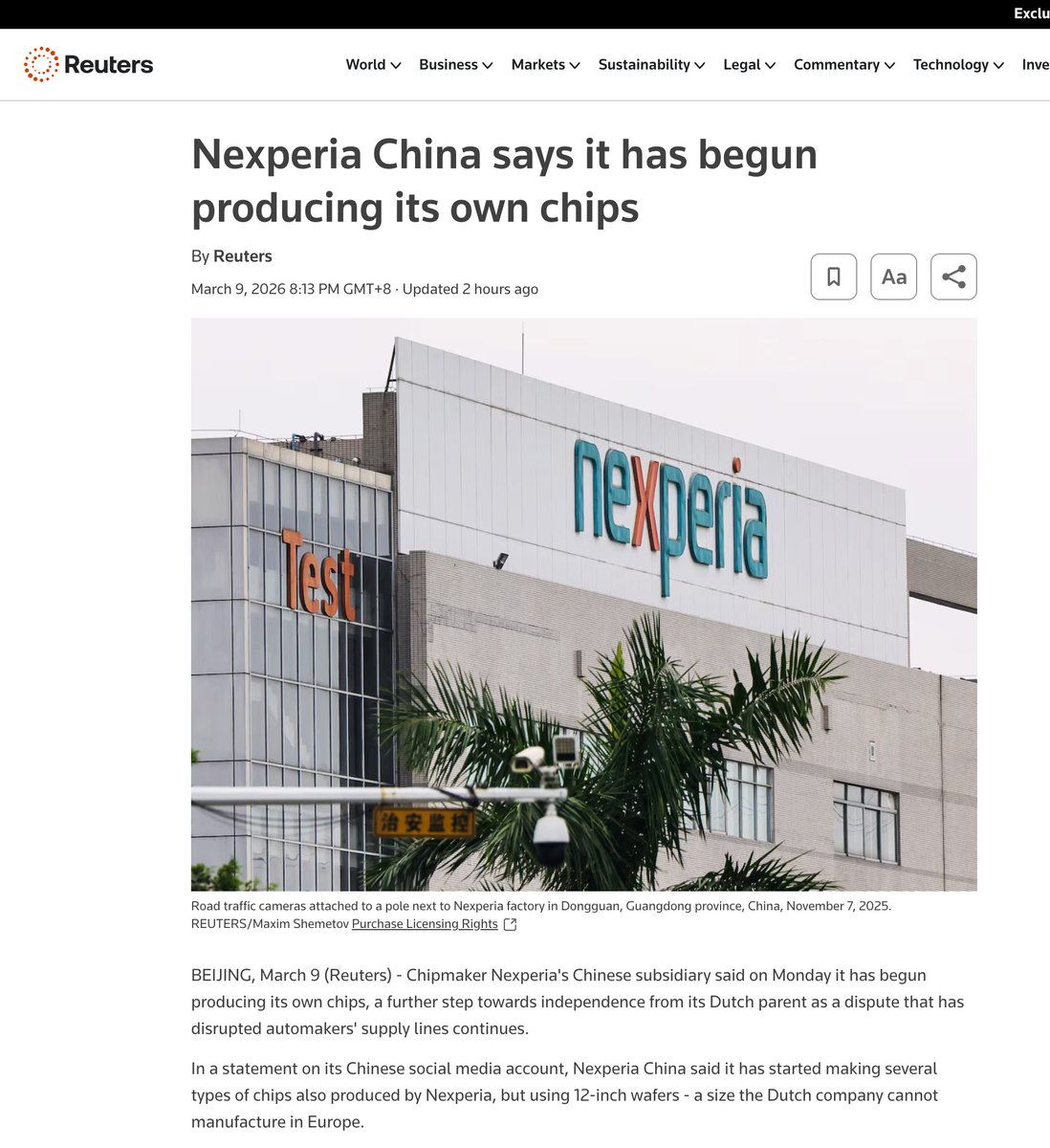 🇳🇱 Dutch Pirate Government spent half a year trying to choke Nexperia’s Chinese unit.
Now Nexperia China is making its own chips; on 12-inch wafers that Europe can’t even produce.

This is the plot twist:
By “decoupling” from China, the Dutch didn’t weaken Beijing, they weakened
