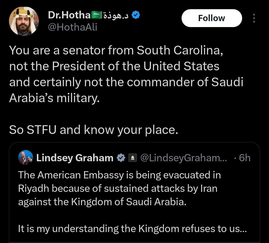 We've reached the stage of the Iran War conflict where the Saudis are cussing out Lindsey Graham on Twitter.