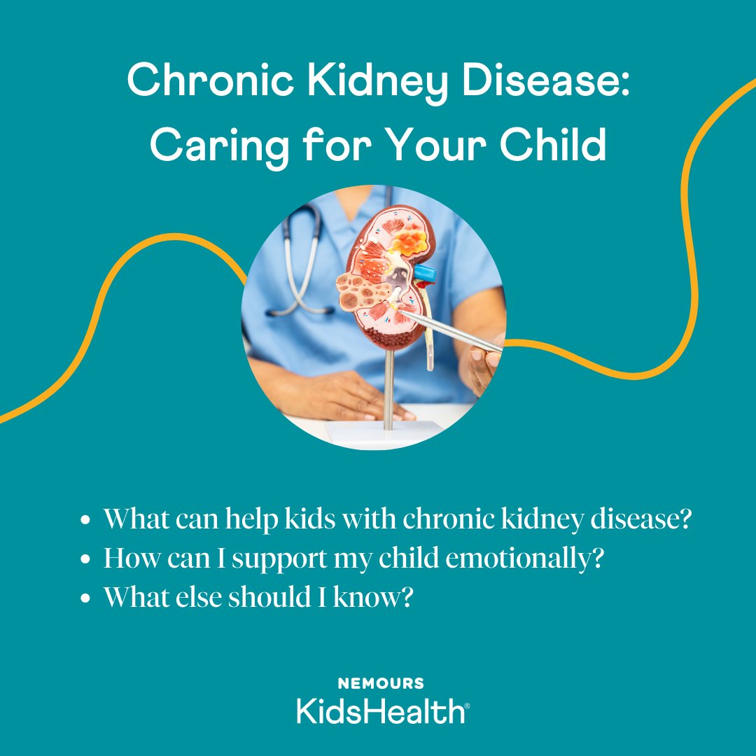 Nemours's tweet image. If your #child has chronic kidney disease, likely you have many questions about what to expect and how you can help. Our experts offer advice on diet, exercise, and emotional support for chronic kidney disease: bit.ly/4b8wiTh