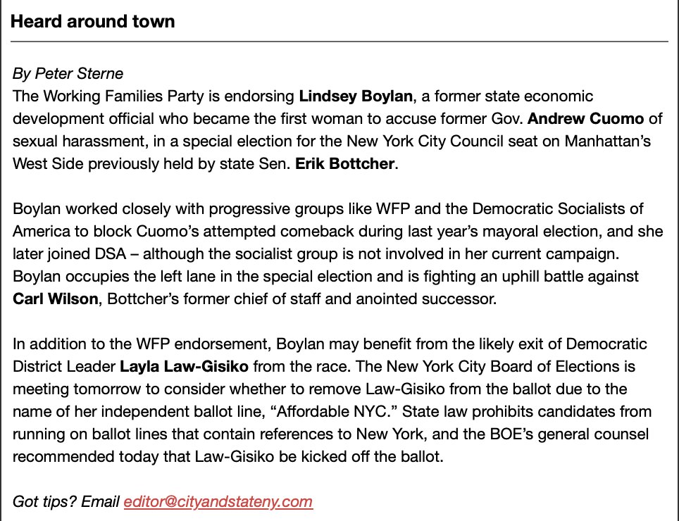 The WFP is endorsing <a href="/LindseyBoylan/">Lindsey Boylan</a> in the April 28  special election for Erik Bottcher's City Council seat, @PeterSterne reports. 
Also, @LaylaLawGisiko may not make the ballot.