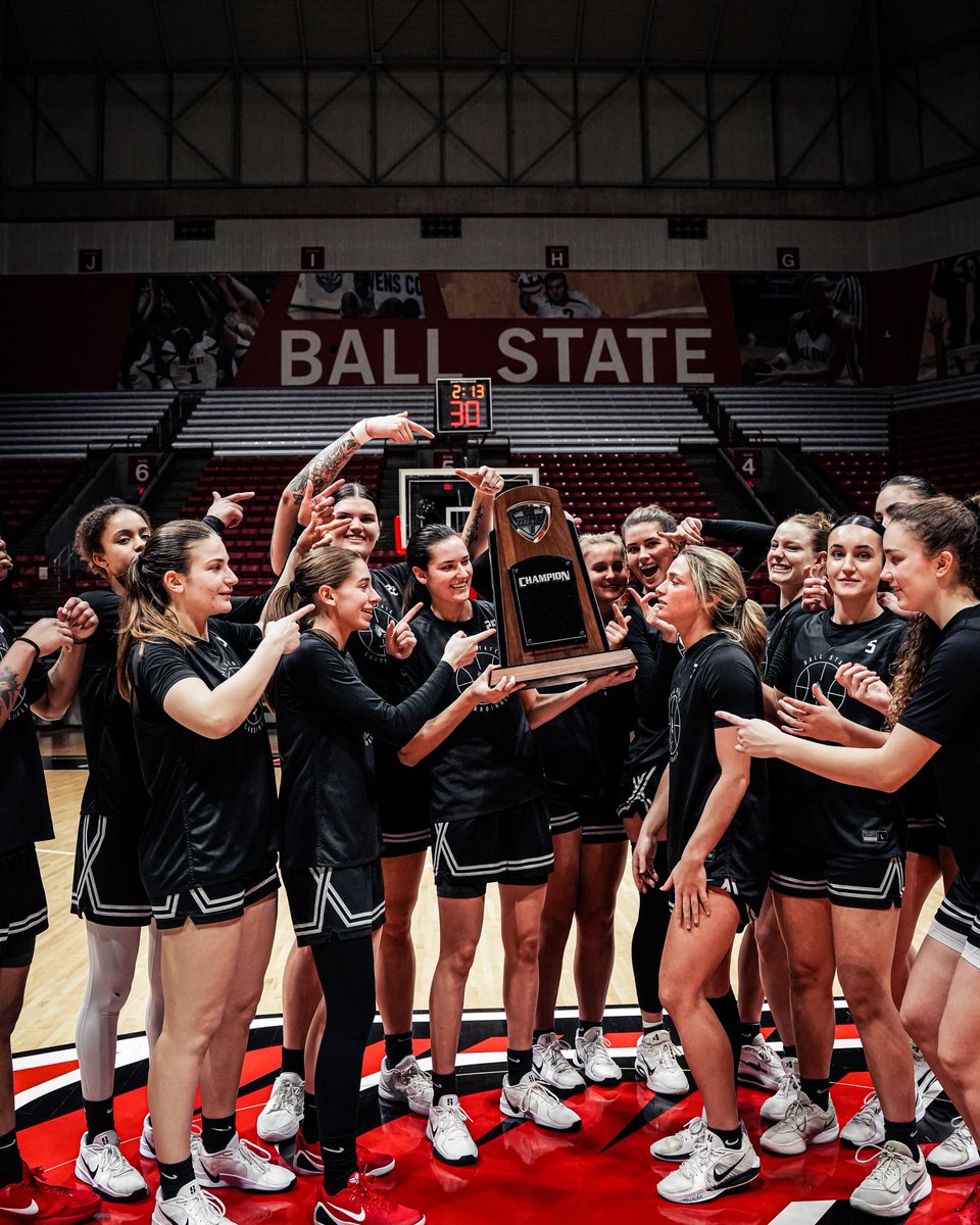 BallStateWBB's tweet photo. told you this where winners come to win 🤷‍♀️

still more winning to do. 
enjoy the squads post practice photoshoot with their new hardware. 

#ChirpChirp x #AllInOnRed https://t.co/v3fPsWcSSn