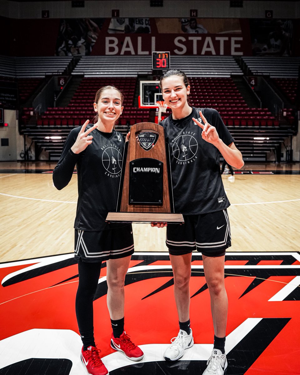 BallStateWBB's tweet photo. told you this where winners come to win 🤷‍♀️

still more winning to do. 
enjoy the squads post practice photoshoot with their new hardware. 

#ChirpChirp x #AllInOnRed https://t.co/v3fPsWcSSn