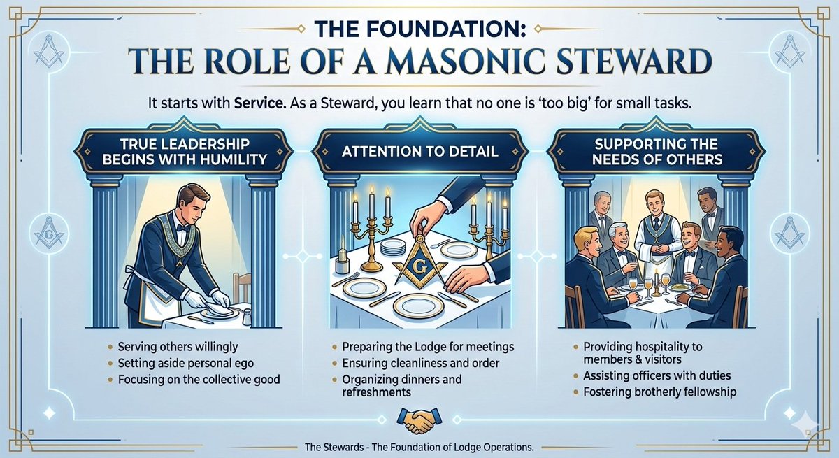 MBF70's tweet photo. The Masonic Progression
It starts with Service. As a Steward, you learn that no one is "too big" for small tasks.
​You find that true leadership begins with humility, attention to detail, and supporting the needs of others before your own. 
​#PersonalGrowth #Leadership #Freemason https://t.co/VkryttwQdh