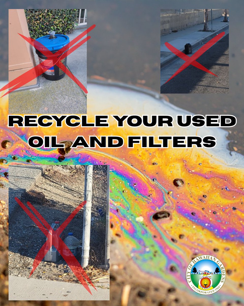 HawaiianGardens's tweet image. Be kind—dispose of hazardous waste properly! Many used oil collection centers accept oil filters. Call ahead to confirm.

O'Reilly Auto Parts: (562) 497-2560  
Auto Zone: (562) 809-5709

#Recycle #EcoFriendly #GoGreen #HawaiianGardens