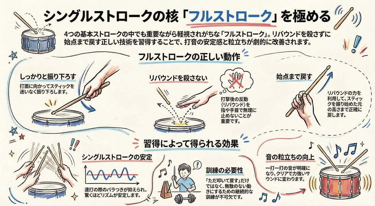 masato_sakurai1's tweet photo. 4種のストロークがあるけど、意外と軽視されがちなのがフルストローク。打面を叩いた後、しっかりとスティックを振り下ろし、リバウンドを消さずに始点まで戻してこれるかは、それなりの訓練が必要だと感じる。

これができるとシングルストロークの連打が驚くほど安定するし、粒立ちも良くなる。 https://t.co/blZckug4Tj