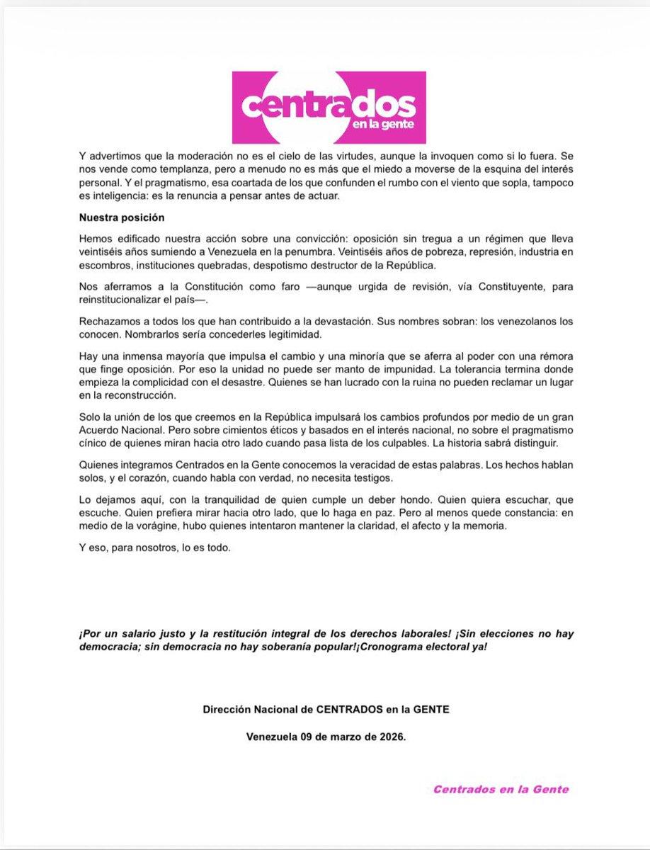 🚨 ¡ÚLTIMA HORA VENEZUELA! 🚨🇻🇪

URGENTE — ¡LO ÚLTIMO! 🇻🇪 🇺🇸

Partido Centrados en la Gente se aparta de Enrique Márquez,  cuestionan su cercanía con José Luis Rodríguez Zapatero.