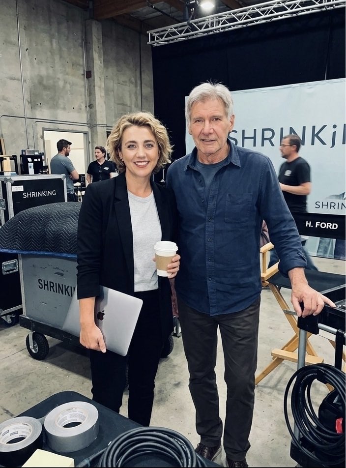 SarahJensenLA's tweet photo. Checking in on Dr. Paul Rhoades. 🎬 Seeing the Season 3 arc come to life has been a highlight of the 2026 slate. Harrison always says the best part of the job is the people you work with and this crew is top-tier. 🎞️☕️ #Shrinking #AppleTV #HarrisonFord #FordOffice #OnSet https://t.co/DWTWb71xv6