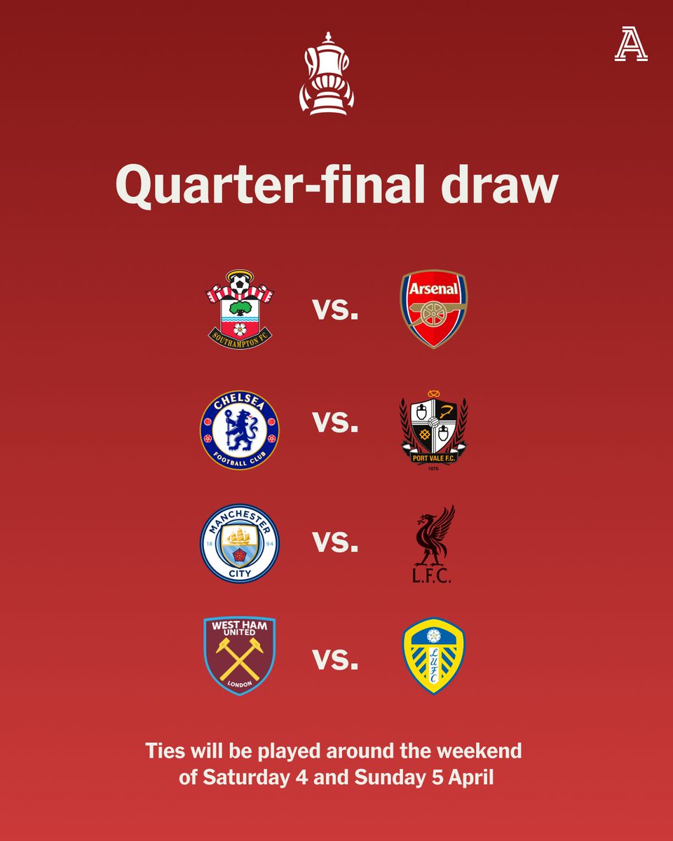 TheAthleticFC's tweet photo. West Ham United will play Leeds United in the last eight of the FA Cup after beating Brentford on penalties.

Here is the complete draw after tonight's game. https://t.co/e6ErRrEYdB