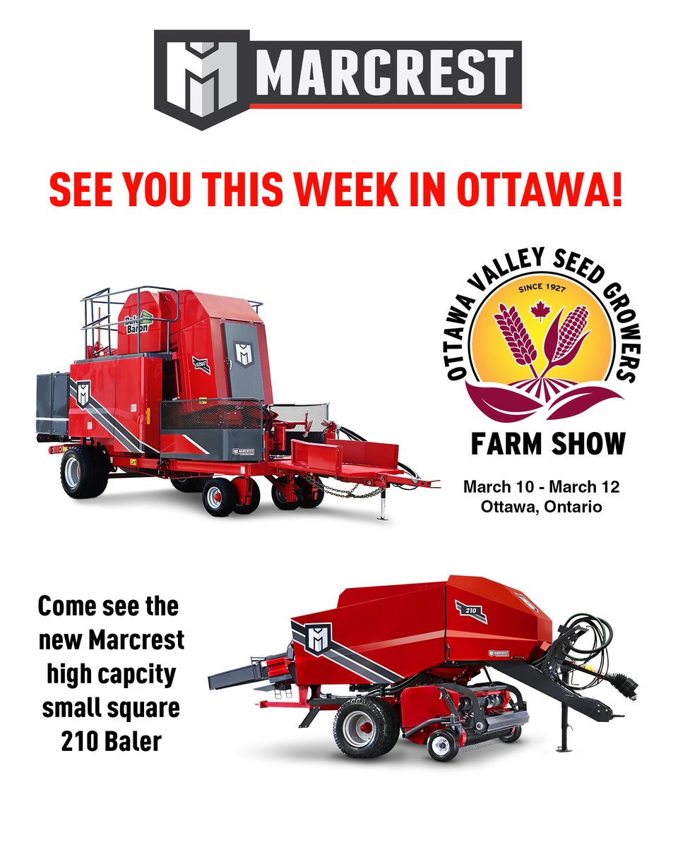 marcrestmfg's tweet photo. Ottawa Farm Show starts tomorrow!
Come check out the new high capacity 210 Baler and learn how the Marcrest small square system will increase your productivity while reducing the amount of equipment and labour required to get your crop in.
#marcrestmfg #balebaron #210baler https://t.co/Sz5SFFsA8w