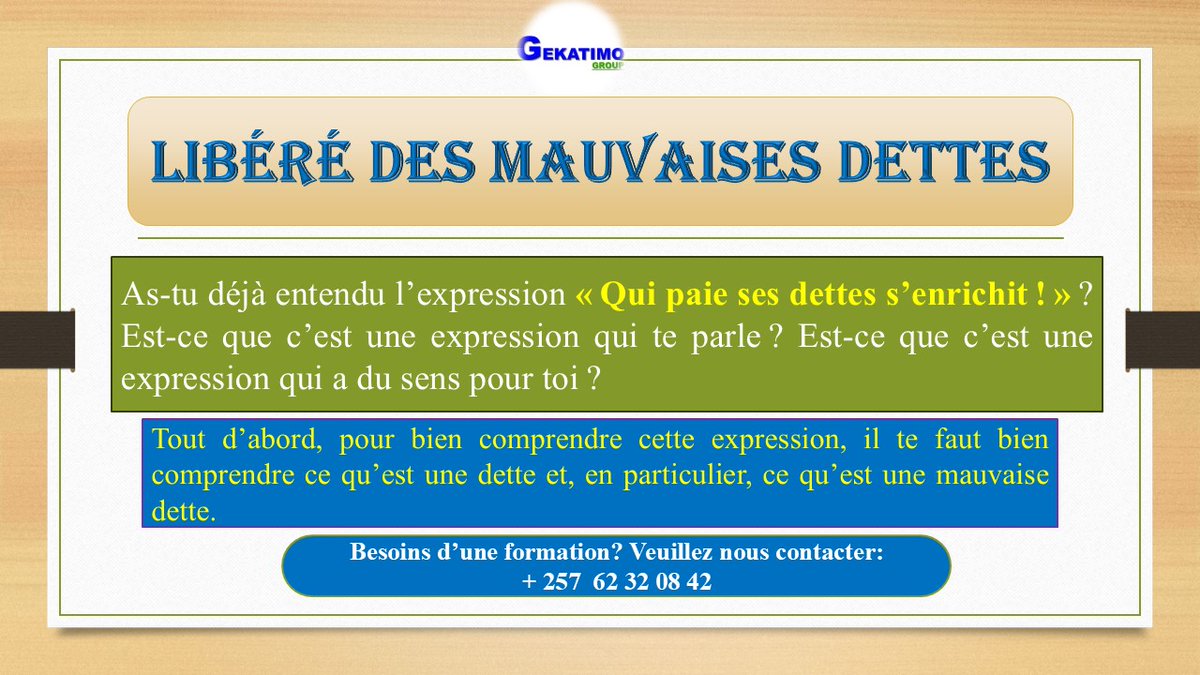 Gekatimoo's tweet photo. Libérez-vous des mauvaises dettes !
Il existe des bonnes dettes qui vous élèvent, et des mauvaises dettes qui vous freinent.
Chez Gekatimo Group, nous vous aidons à faire la différence.
📞 +257 62 32 08 42
#Finance #GestionDesDettes #Gekatimoo https://t.co/n9YFAOhB0q