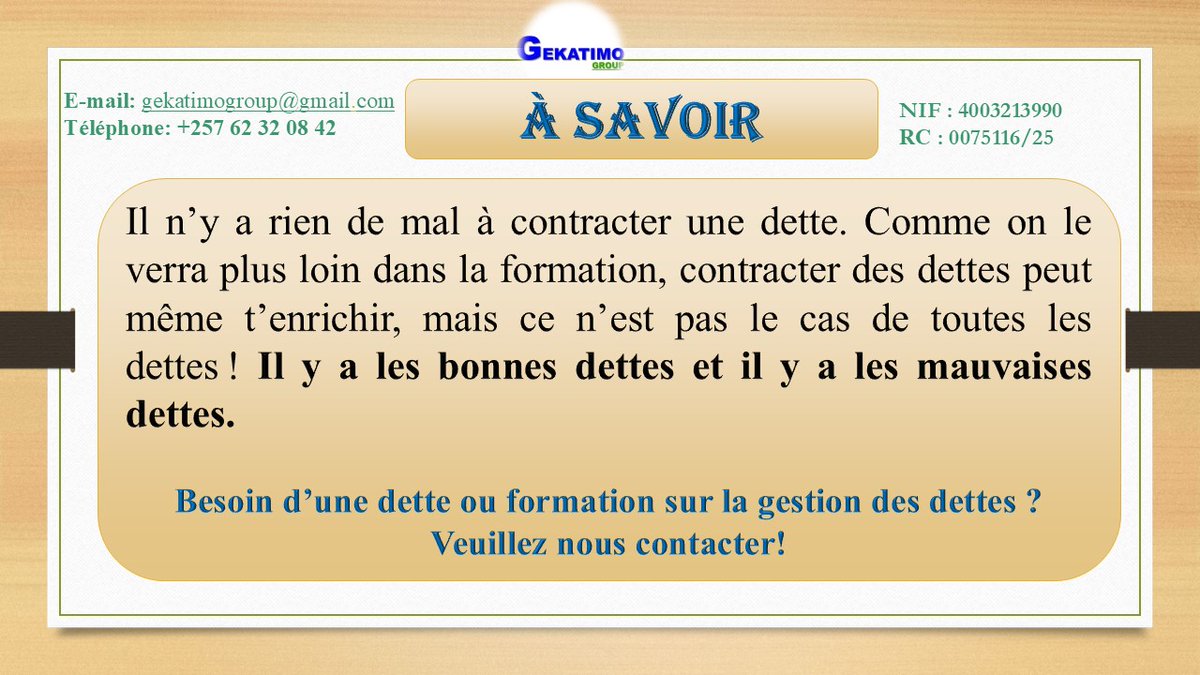 Gekatimoo's tweet photo. Libérez-vous des mauvaises dettes !
Il existe des bonnes dettes qui vous élèvent, et des mauvaises dettes qui vous freinent.
Chez Gekatimo Group, nous vous aidons à faire la différence.
📞 +257 62 32 08 42
#Finance #GestionDesDettes #Gekatimoo https://t.co/n9YFAOhB0q