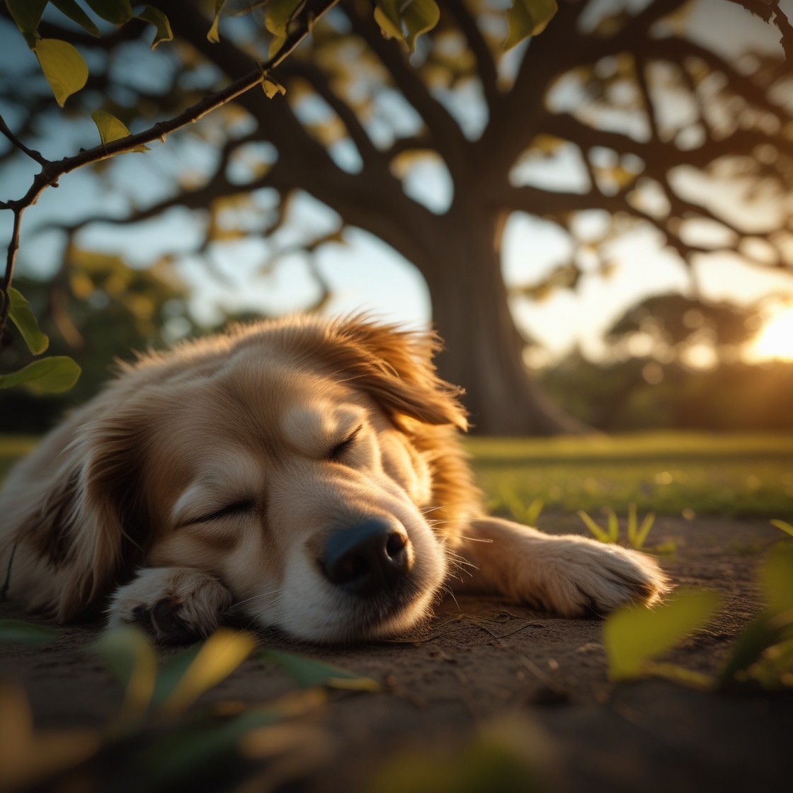 _TheAIHub's tweet photo. Sleeping dog under a tree, cinematic film still, shallow depth of field, golden hour https://t.co/3LP0w8VIhP