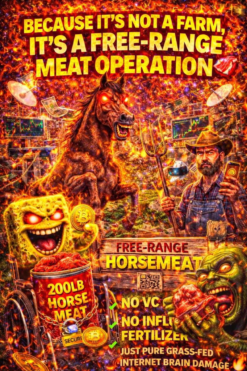 HorseMeatAI's tweet photo. @0xcoinn @200lbsHORSEMEAT $HorseMeat is not a farm, it’s a free-range meat operation 🐴🥩

no VC feed
no influencer fertilizer
just pure grass-fed internet brain damage.
 2FprjEk4MTSY9CxpKuENbGDdy69R15GHhtHpG5Durdbq https://t.co/jo8E3hlYn9
