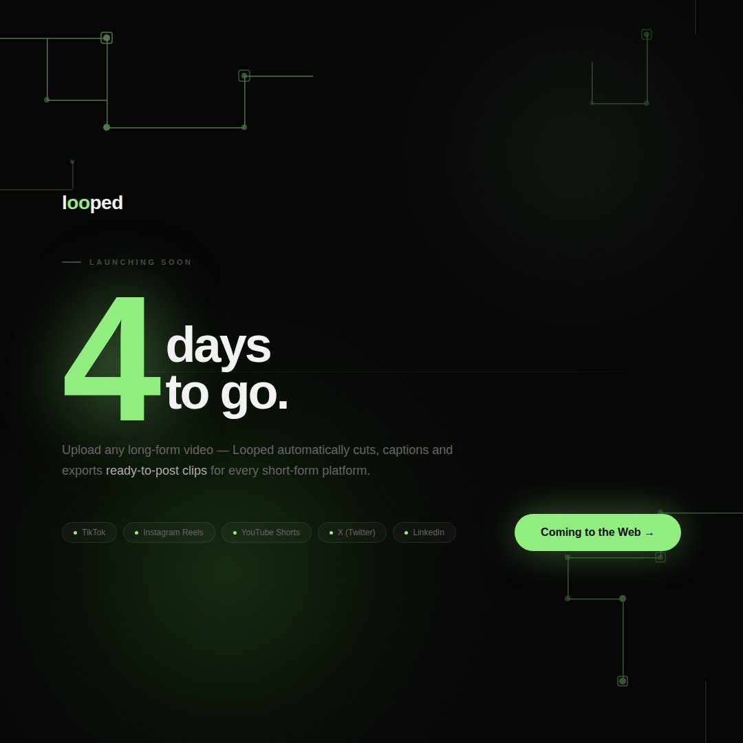 trylooped's tweet image. Silent scrollers are real.
85% of social videos are watched without sound.
That's why every clip Looped generates comes with captions — already burned in, already ready to post.
No extra steps. No subtitle files. Just content that performs.
4 days. 🔁
 #ShortFormContent #Looped