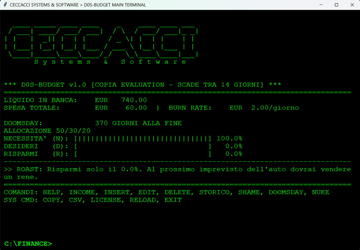 macs5c's tweet photo. D0S-BUDGET ti sbatte in faccia la povertà a riga di comando. Zero mouse, zero cloud. Solo fosfori verdi e un DB offline che ti insulta se spendi troppo. Il finance tracker da provare!

C:\>https://t.co/hesyhaWF1P

#MSDOS #RetroComputing #RetroSoftware #RetroGaming #TechNostalgia https://t.co/TB9J83GTPB