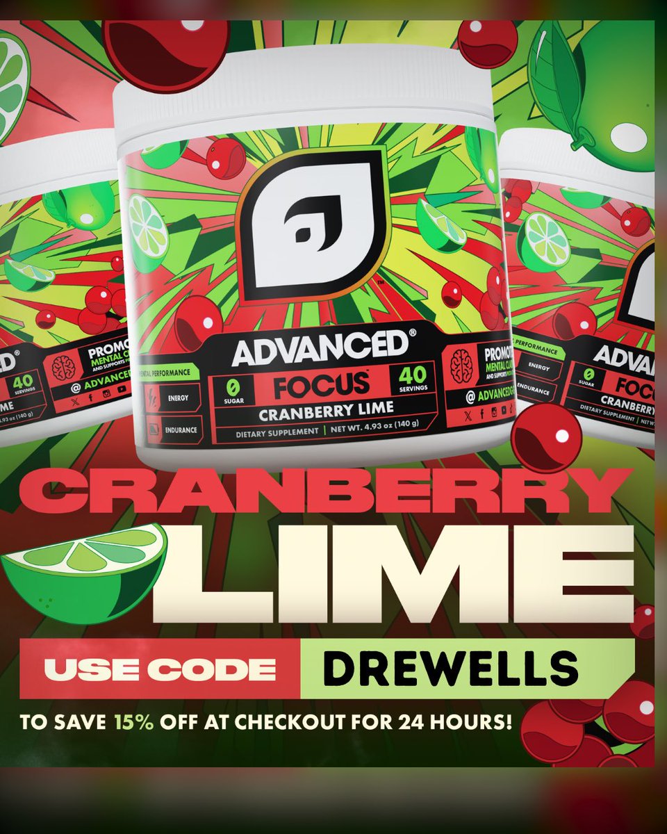 drewellstv's tweet photo. AdvancedGG has brought back a fan favorite.
🍒 **CRANBERRY LIME IS BACK** 🍋‍🟩
Use code DreWells at checkout to receive 15% off for the next 24 hours. #advancedgg #advancedfam
https://t.co/oGtiZTxMdX https://t.co/chBQBePGVr