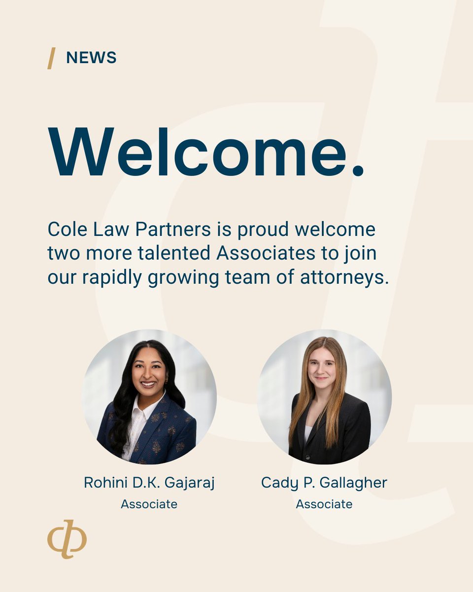 ColeLawPartners's tweet photo. Another week, more momentum at Cole Law Partners.

We’re pleased to welcome two new associates to the firm:

Rohini Gajaraj → https://t.co/YrAIbRudrE
Cady Gallagher → https://t.co/CXD1m0k4RO

#ColeLawPartners #LegalCareers #Litigation #LawFirmGrowth https://t.co/SxQC5E6HOP