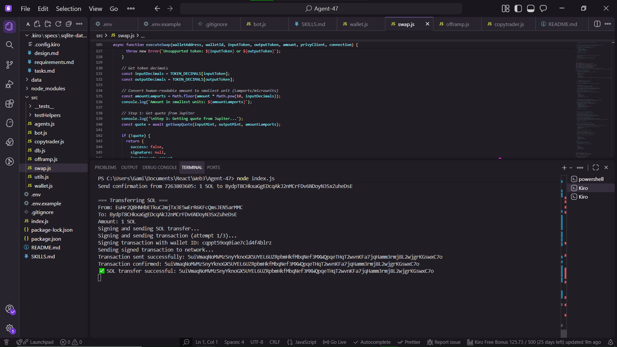 abkgami's tweet photo. Built an autonomous AI agent wallet on Solana for the @SuperteamNG bounty, that lives entirely inside Telegram  create a wallet, send and swap tokens, copy whale trades &amp; spawn independent trading bots, all without touching a single approve button.
A thread 🧵 https://t.co/Nm3dzXt80w