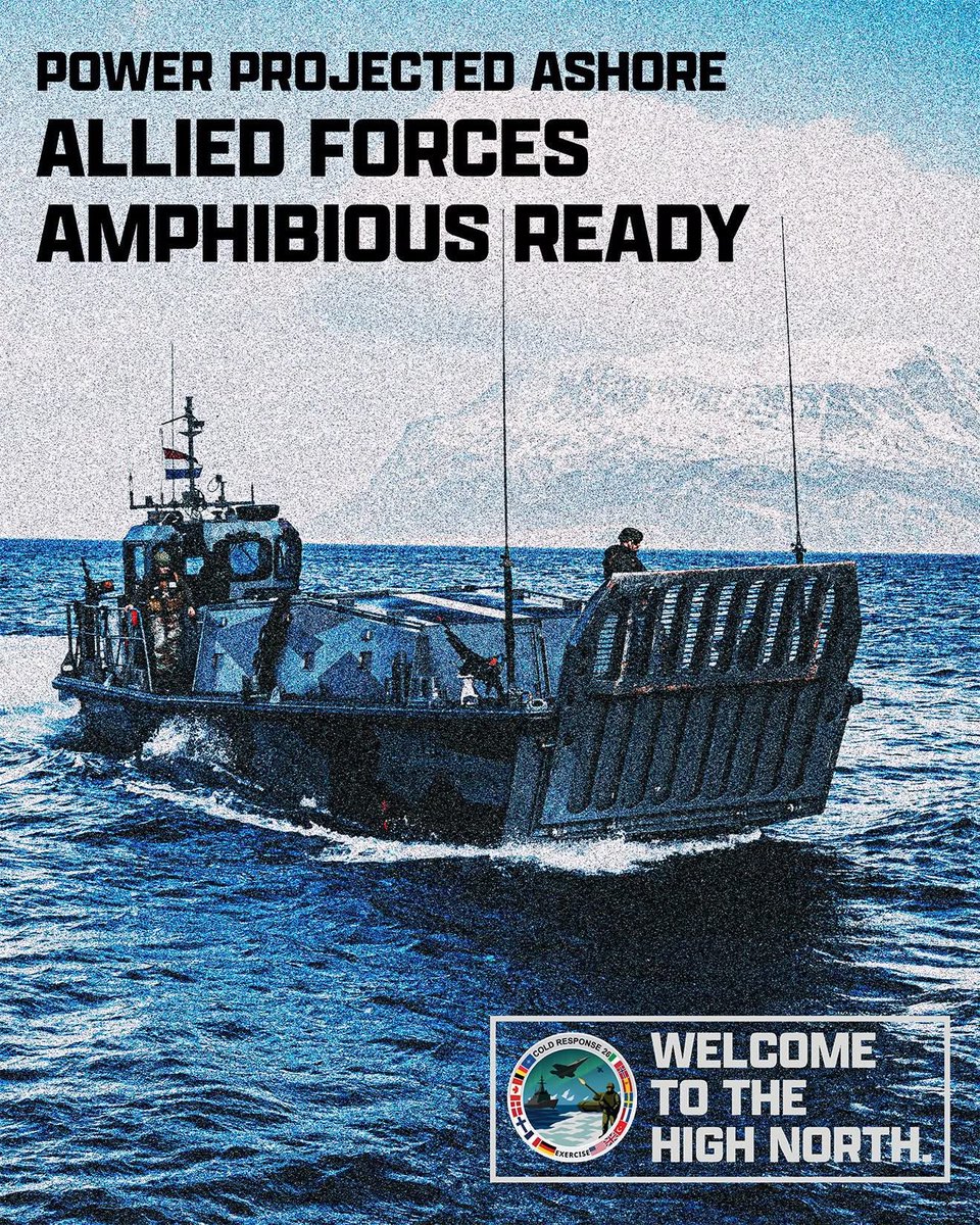 USMCFEA's tweet photo. Power projected ashore.
U.S. Marines train with the Koninklijke Marine to conduct amphibious operations ahead of exercise Cold Response 26.
From sea to shore, allied forces strengthen readiness and interoperability in the High North.
#ArcticSentry #CORE26 https://t.co/dug7mCX1BL