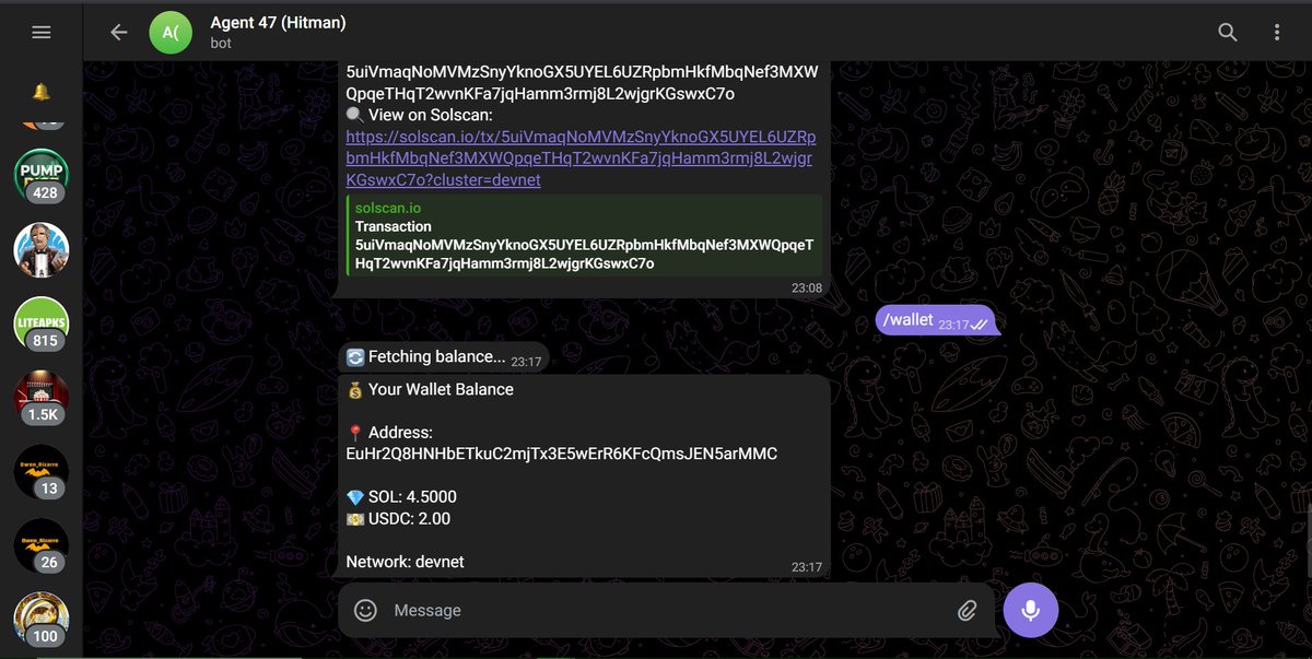 abkgami's tweet photo. Built an autonomous AI agent wallet on Solana for the @SuperteamNG bounty, that lives entirely inside Telegram  create a wallet, send and swap tokens, copy whale trades &amp; spawn independent trading bots, all without touching a single approve button.
A thread 🧵 https://t.co/Nm3dzXt80w