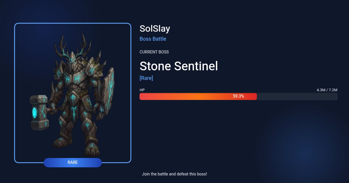 🔷 Stone Sentinel [Rare] has 59.2% health remaining! ❤️

⚔️ Deal damage to earn rewards based on your rank.

🎁 Top Damage Rewards: #SOL &amp; #SLY

✅ Join the battle solslay.com/games/boss-bat…

🏆 SolSlay is a Blockchain game where players compete and earn real rewards.

🎮 Play 🎁