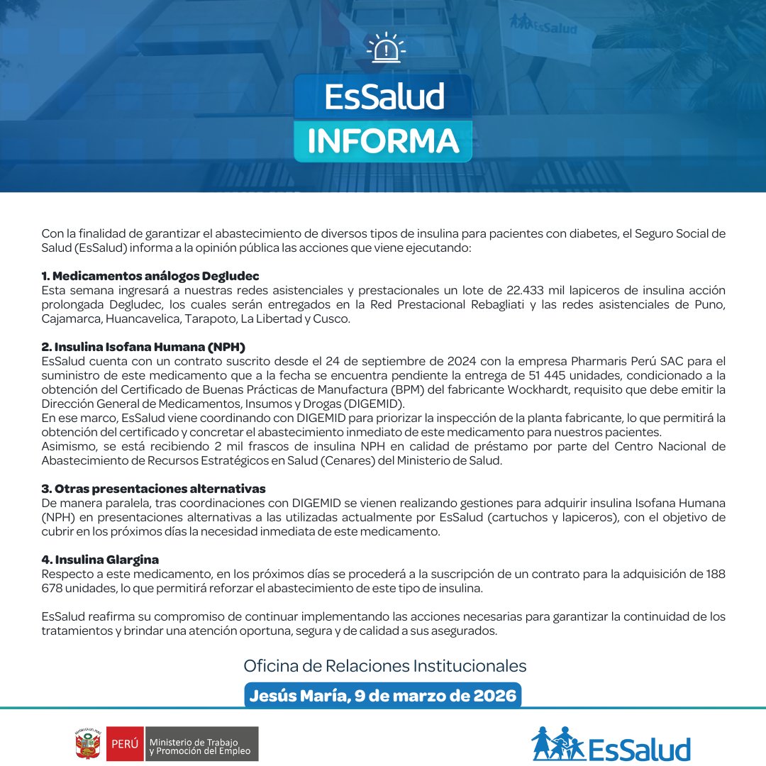 saludconlupa's tweet photo. 🚨El problema de la escasez de #insulina en Perú no solo afecta a los hospitales del Minsa.

EsSalud también depende del mismo proveedor de India, Wockhardt, cuya planta fue desaprobada por Digemid tras una inspección.

Así lo confirma un comunicado difundido hoy. 🧵 https://t.co/khCAErBkEy