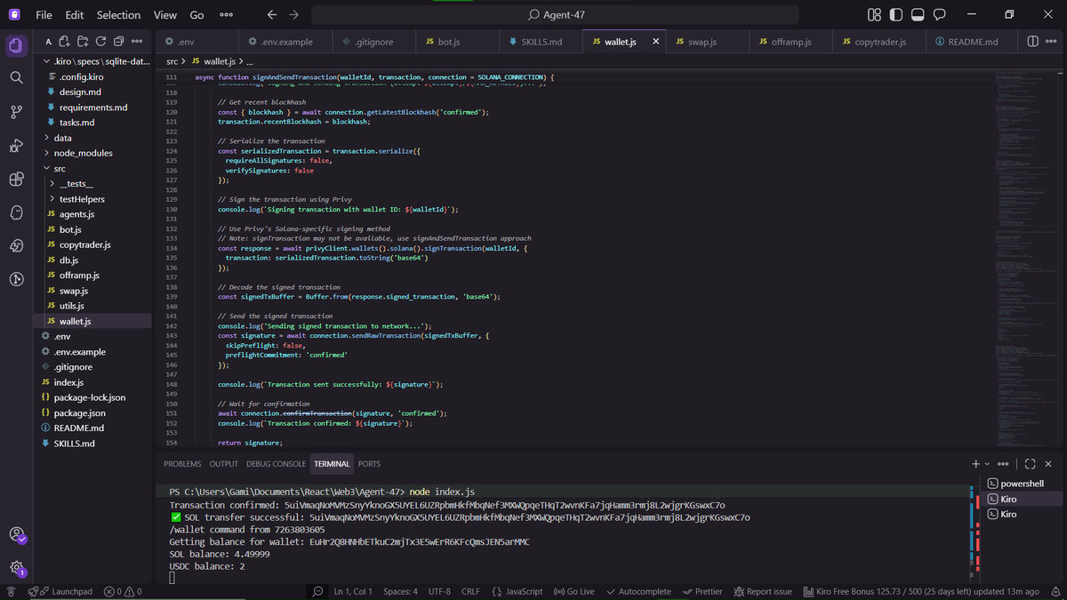 abkgami's tweet photo. Built an autonomous AI agent wallet on Solana for the @SuperteamNG bounty, that lives entirely inside Telegram  create a wallet, send and swap tokens, copy whale trades &amp; spawn independent trading bots, all without touching a single approve button.
A thread 🧵 https://t.co/Nm3dzXt80w