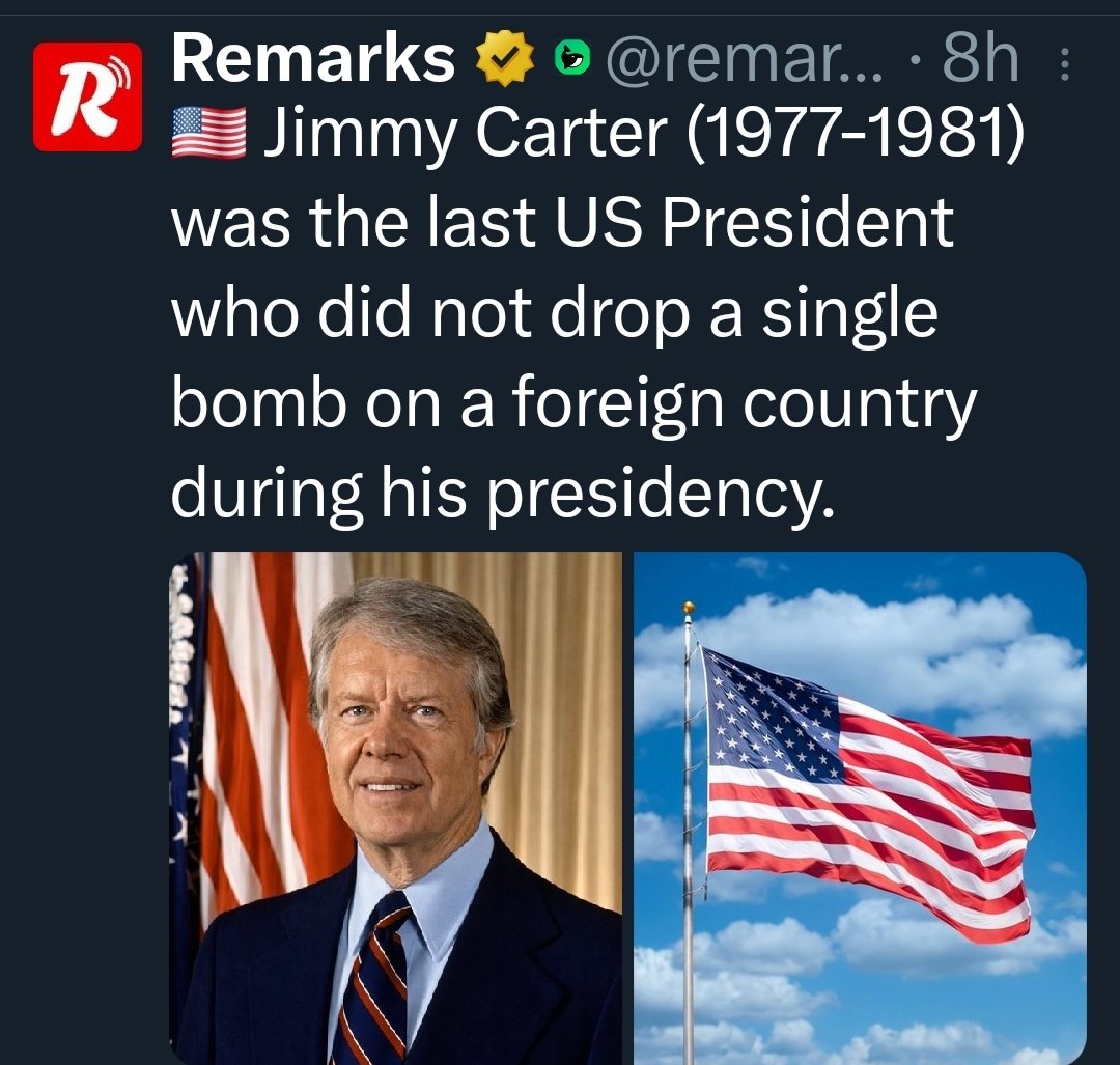 Jimmy Carter fue el último presidente americano en no bombardear ningún país extranjero.
Y por su estúpido pacifismo nos comimos 47 años de Régimen Islámico.
Así que recuerden. Muchas veces el mal absoluto viene disfrazado de superioridad moral.