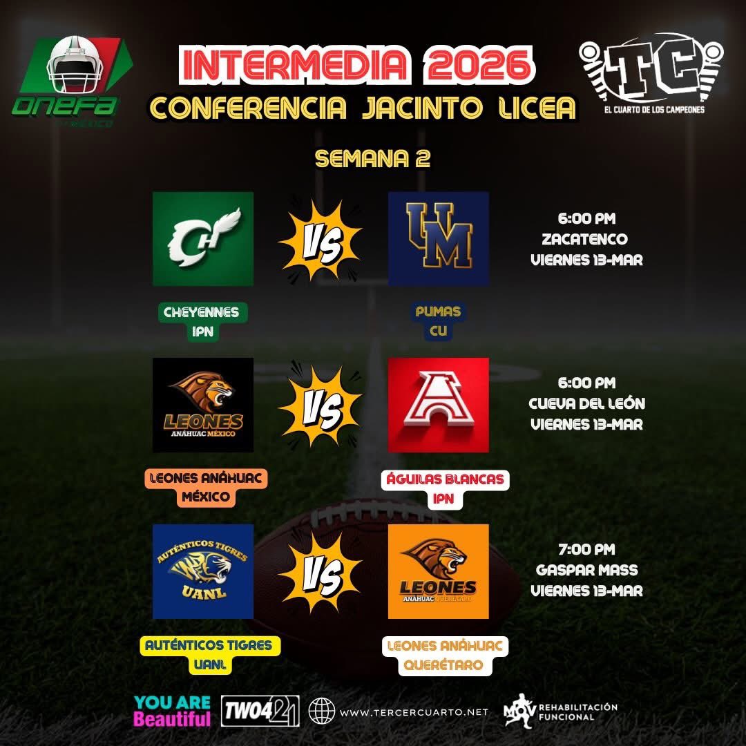 📋 SEMANA 2 CONFERENCIA JACINTO LICEA 

INTERMEDIA 🇲🇽 ONEFA 2026 

#HablemosDeFootball🗣️🏈