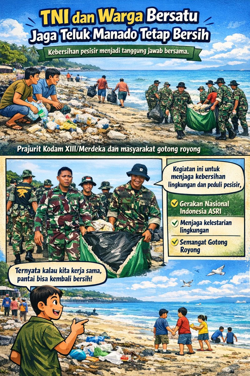 Kegiatan pembersihan pesisir Teluk Manado oleh personel TNI Kodam XIII/Merdeka dan masyarakat Bersatu jaga Teluk Manado tetap bersih serta dukungan terhadap Gerakan Nasional Indonesia ASRI #JagaLautJagaMasaDepan #GotongRoyongJagaPantai