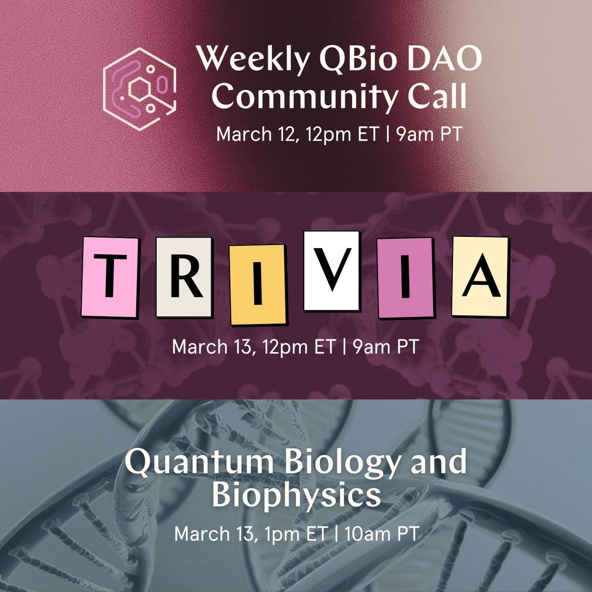 🧬 Here’s what’s happening this week at the DAO:

1/ QBio DAO Community Call
An open forum for contributors and newcomers to connect, exchange ideas, and hear the latest from across the quantum biology ecosystem.
📅 Thursday | 12:00pm ET / 9:00am PT
📍 Discord:
