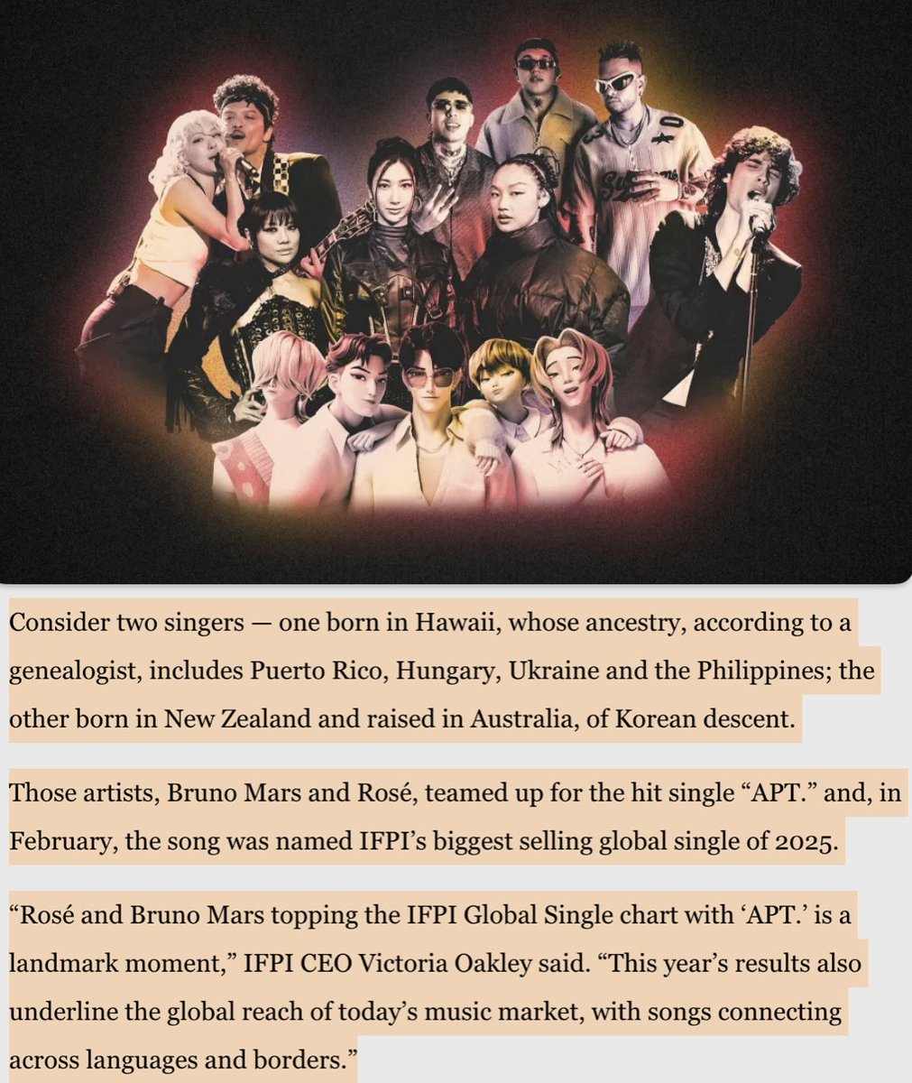 IFPI CEO Victoria Oakley takes a spot in the
<a href="/billboard/">billboard</a> Global Power Players 2026 list and mentioned ROSÉ, Bruno Mars and APT.

“Rosé and Bruno Mars topping the IFPI Global Single chart with ‘APT.’ is a landmark moment”.

Billboard’s Global Power Players celebrates the executives
