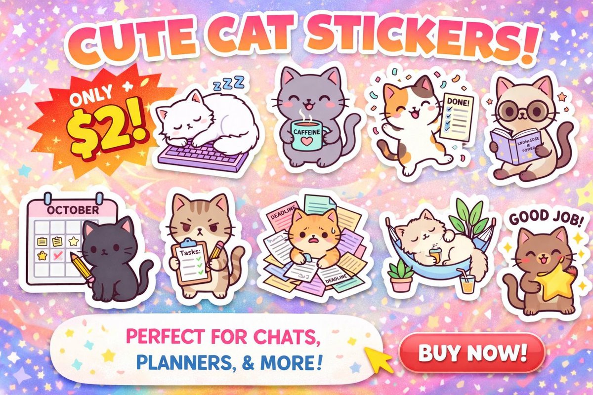 BJstore87's tweet image. 🐱✨ Cute Cat Sticker Pack!

10 adorable cat stickers for chats, planners, and more.
💰 Only **$2**

Checkout link: bjstore87.gumroad.com/l/cutecatstick…

Get yours now! 🐾
#cutestickers #catstickers #digitalstickers
